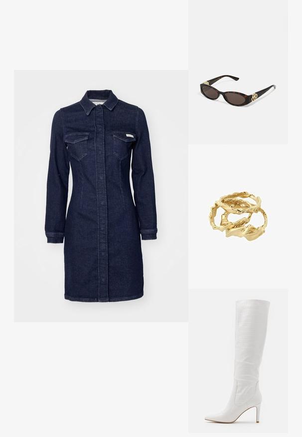 Tamsiai mėlyna džinsinė suknelė su ilgomis rankovėmis, apykakle, mygtukų užsegimu ir dviem krūtininėmis kišenėmis. Pasižymi prigludusia siluetu ir tiesia apatine dalimi.; RAID TRIBUTE - Aukštakulniai batai - white; Tortoise kiaurinių saulės akinių su pailgomis ovalo formos lęšiais, rudos spalvos atspalviu, auksinėmis logotipo detalėmis ant šakelių ir elegantiškais juodais rankenėlėmis.; Auksinės spalvos susuktos žiedų krūvelės, turinčios tekstūruotą dizainą su lygiomis ir kreivomis briaunomis, sukuria organišką, plaukiojančią išvaizdą.