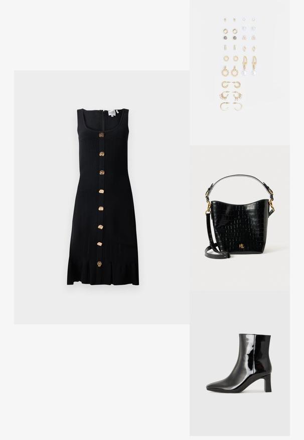 Zwarte ribgebreide jurk met een aansluitende lijfje, gouden knopen aan de voorkant en een rucheszoom. Beschikt over een rits aan de achterkant.; Zwarte gepolijste leren enkellaars met een spitse neus en een blokhak van gemiddelde hoogte. Glad textuur en minimalistisch ontwerp.; Zwarte croco-embossed leren tas met een gebogen ontwerp, gouden hardware-accenten, een verstelbare schouderriem en een logo-detail aan de voorkant.; Set van gouden oorbellen met diverse ontwerpen, inclusief studs, oorringen en hangende stukken met parels en glaskristallen.