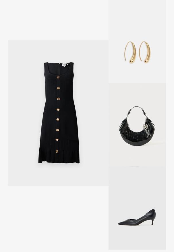 Schwarzes Rippstrickkleid mit tailliertem Oberteil, goldfarbigen Knöpfen auf der Vorderseite und einem rüschierten Saum. Mit einem Reißverschluss im Rücken.; Schwarzer Pumps aus Leder mit spitzer Zehenpartie und niedrigem Absatz. Verfügt über eine glatte Textur und dezenten Glanz. Vordere Öffnung für ein zusätzliches Detail.; Schwarze Handtasche aus Kunstleder mit Krokodilprägung, die ein gewölbtes Design, einen kurzen Griff, Metallbeschläge und ein dekoratives silbernes AkzentFeature aufweist.; Goldfarbene Metall-Hoops mit einer geschwungenen, länglichen Form. Sie verfügen über eine glatte, glänzende Oberfläche und eine abgerundete Spitze für zusätzliche Details.