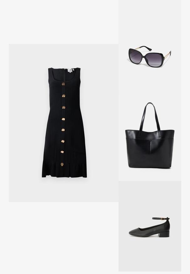 Fekete, bordázott kötött ruha testhezálló felsőrésszel, aranyszínű gombokkal az elején és fodros szegéllyel. Hátul cipzáros záródással rendelkezik.; Fekete bőr magassarkú cipő hegyes orral és alacsony tömb sarkal. Bokapánttal rendelkezik, aranyszínű csattal. Simább textúra.; Fekete, oversize napszemüveg fokozatos árnyalatú lencsékkel, vastag kerettel és arany színű lánc díszítéssel a szárakon.; Fekete bőr bevásárlótáska két hosszú fogantyúval, sima felülettel és strukturált formával. Elülső zseb található rajta a plusz tárolás érdekében.