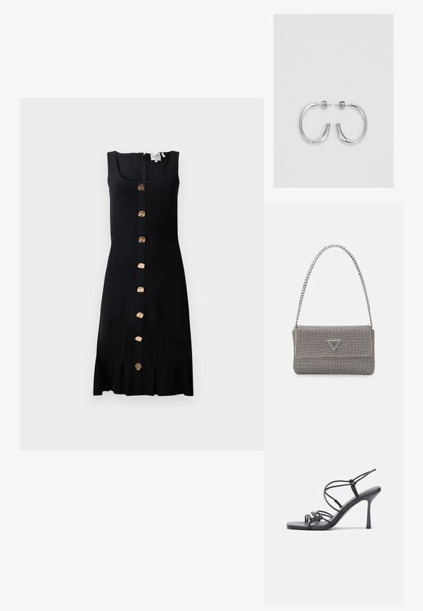 Musta ribbattu neulemekko, jossa on tiivis vartalo-osa, kultasävytteiset napit edessä ja laskostettu helma. Takana on vetoketjusulku.; Mustat korkokengät sandaalit, joissa on ohuet hihnat solmittuna, sileä neliön muotoinen varvasosa ja tyylikäs stiletto-korko.; Vaalea harmaa metallinen käsilaukku, jossa on ketjusanka. Laukku on koristeltu pienillä pyöreillä metallikoruilla ja kolmion muotoisella brändilogolla.; Hopehopeet hopehopeet hopehopeet hopehopeet, jolla on sileä, kiiltävä pinta. Pyöreä muoto, kevyt rakenne, jossa on neulakiinnitys.