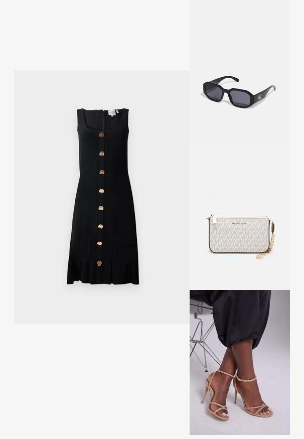 Melnā ribotā adītā kleita ar pieguļošu augšdaļu, zelta tonī pogām gar priekšpusi un viļņotu apakšmalu. Iekļauta rāvējslēdzēja aizdare aizmugurē.; Beige augstpapēžu sandales ar kristāla rotājumiem, ar atvērtu purngalu, plāniem siksniņām un elegantu siluetu.; Melni saulesbrilles ar astoņstūra rāmjiem, tumšiem objektīviem, spīdīgu plastmasas materiālu un sudraba logotipu akcentu vienā pusē.; Michaela Korsa rokassomi bez̦ā īšojuma, kas izgatavota no apklāta kanvas, iekļaujot atkārtotu MK logotipa rakstu, zelta aparatūru un noņemamu ķēdes siksnu.; Zelta metāla auskari ar viļņveida dizainu; gluda, atstarojoša virsma; asimetrisks formas; nav redzamu rakstu vai piederumu.