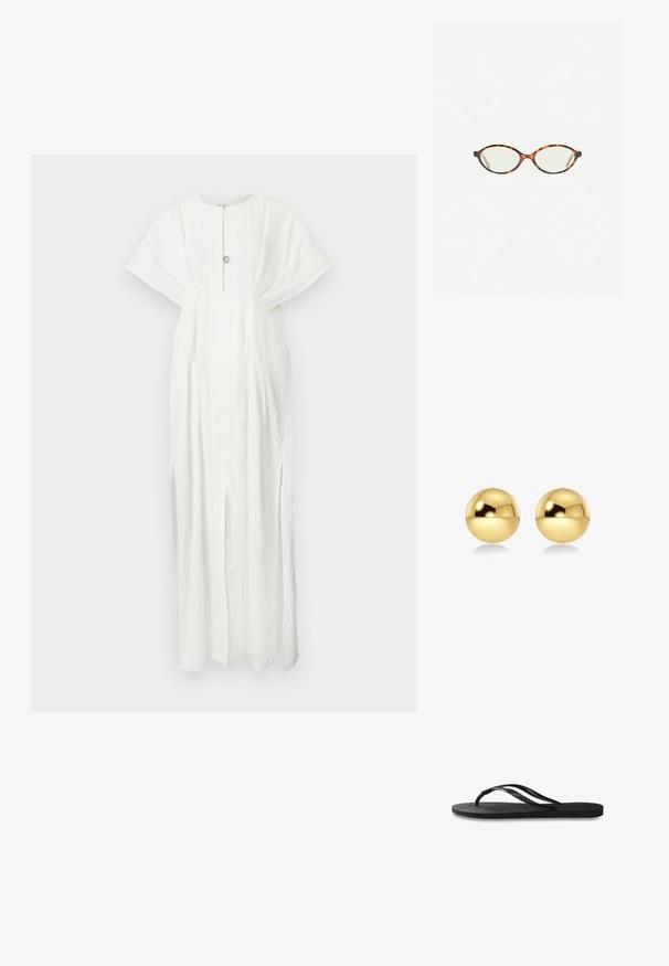 Rodebjer KIMBERLY - Maxi šaty - white; Čierne žabky s textúrovanou gumovou podrážkou, dvoma štíhlymi popruhmi a diskrétnym embosovaným logom na popruhu.; Korytnačkové okuliare s oválnymi šošovkami a hladkým, lesklým povrchom. Majú tenké strany s jemným zakrivením na spánkoch. Priehľadné šošovky.; Zlaté guľové náušnice s lesklým, odrazovým povrchom. Dizajn je jednoduchý a hladký, čím vytvára moderný, minimalistický vzhľad.