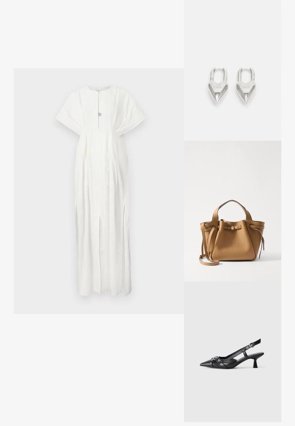 Rodebjer KIMBERLY - Maxikleid - white; Schwarzer Leder-Slingback-Schuh mit spitz zulaufender Zehenpartie, dekorativen Riemen mit METALLÖSEN und niedrigem Blockabsatz. Strukturelle Oberfläche.; Tory Burch ROMY PEBBLED SATCHEL - Handtasche - tiramisu; Silberne herzförmige Vorhängeschlösser mit eingravierten "JA"- und "NEIN"-Texten, polierte Oberfläche, symmetrisches Design und einem robusten Metallverschluss.