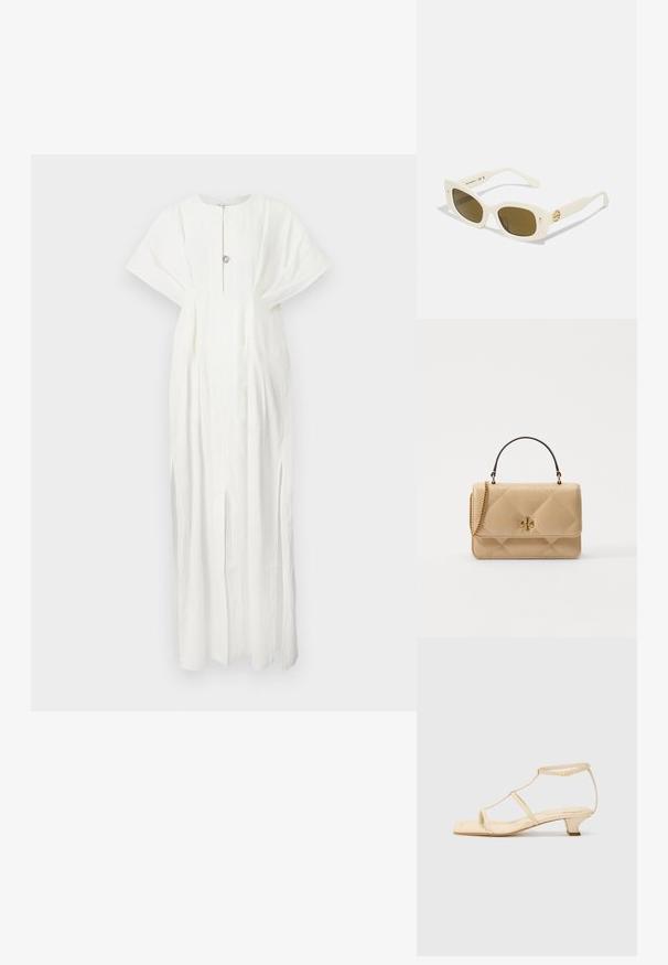 Rodebjer KIMBERLY - Maxi šaty - white; Krémové sandály na podpatku s T-štrukturovaným designem, čtveratou špičkou, nastavitelným páskem kolem kotníku a nízkým blokovým podpatkem. Hladký kožený materiál.; Bílé plastové sluneční brýle s obdélníkovým rámem, hnědými skly a zlatým akcentem na spánku. Hladký povrch a moderní design.; Prošívaná béžová kožená kabelka se zlatou kovovou bižuterií, řetízkovým popruhem a horní rukojetí. Obsahuje přední klopu a podpisový detail loga.