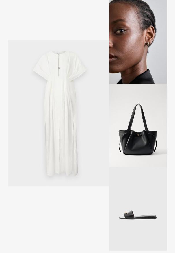 Rodebjer KIMBERLY - Maxi ruha - white; Fekete csúszós papucs széles felsőrésszel, sima bőrfelszíni textúrával, nyitott orral és arany díszítéssel a pánton. Lapos talp.; Fekete bőrtáska két hosszú pánttal, összehúzott tetejével és arany kör alakú díszítéssel. Sima felület, minimalista design.; A fém virágmintás fülbevalónak texturált fekete közepe és finom részletei vannak. A modellen tiszta bőre és fonott haja oldalnézetből látható.