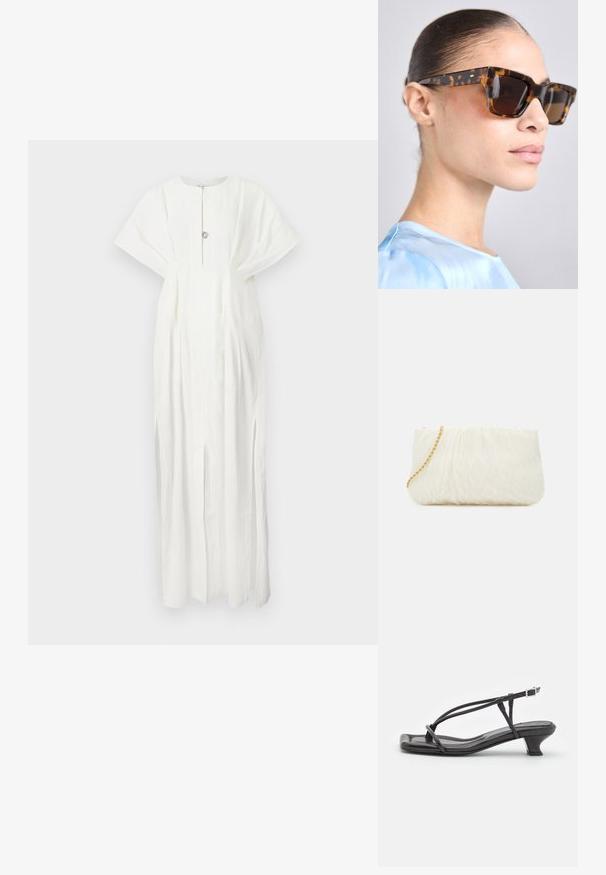 Rodebjer KIMBERLY - Maxi šaty - white; Černé kožené sandály s tenkými pásky, nízkým blokovým podpatkem a čtveratou špičkou. Obsahují přezku a mají hladkou texturu.; Sluneční brýle v želvovinovém stylu s robustním obdélníkovým rámem. Tmavé čočky a zlaté akcenty na stranicích. Hladký, lesklý povrch.; Bílá texturovaná kabelka s uloženým designem, vybavená zlatým řetízkem. Hladký povrch s jemnými vlnami a zaoblenými okraji.