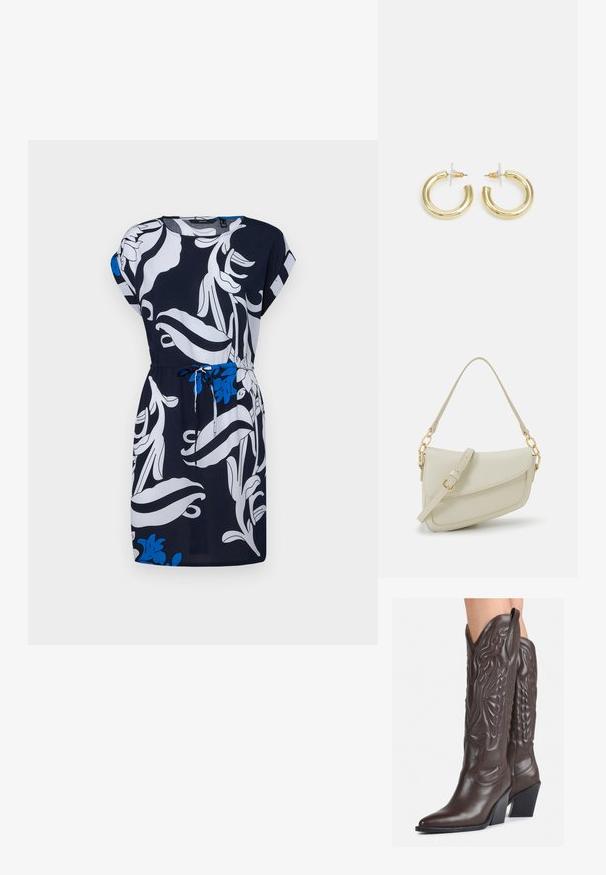 Mornarsko modra obleka z belim cvetličnim vzorcem in modrimi poudarki. Ima kratke rokave, nastavljiv pas z vezalko in sproščen kroj.; Rjave usnjene kavbojske čevlje z ostrim nosom in blok peto, ki vsebujejo podrobno šivanje in dvignjene dodatke na zgornjem delu.; Mala kremna torbica z teksturiranim zaključkom, dolgim nastavljivim trakom, verižnim poudarkom in zapiranjem na poklop. Detajli iz zlatega kovinskega materiala.; Zlate uhane v obliki obročkov z gladko, sijočo površino. Krožna zasnova s majhnim nosilcem in prozornim podplatom za varno nošenje.