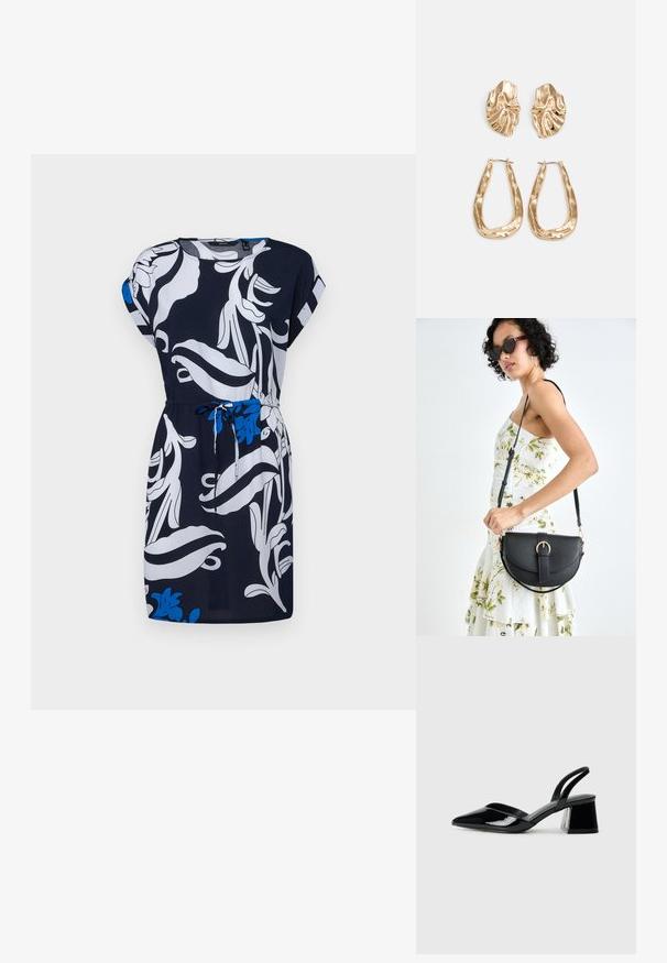 Mornarsko modra obleka z belim cvetličnim vzorcem in modrimi poudarki. Ima kratke rokave, nastavljiv pas z vezalko in sproščen kroj.; Črne lakirane slingback pete s koničastim nosom in geometrijsko blokasto peto. Imajo eleganten, minimalističen dizajn in gladko teksturo.; Črna usnjena torbica s ukrivljeno obliko, z odstranljivo naramnico in zlatimi dodatki. Torbica ima pokrov s podrobnostmi v obliki zaponke.; Zlato obarvani uhani z teksturiranimi, valovitimi oblikami. Vključujejo skulpturalne sponke za ušesa in odprto obliko obročka s kladivastim finišem.