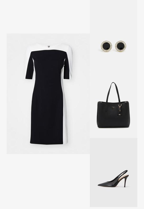 Schwarz-weißes Farbe-block Kleid mit einer taillierten Form, weitem Ausschnitt und kurzen Ärmeln, gefertigt aus glattem, dehnbarem Stoff.; Schwarze Leder-Slingback-Pumps mit spitzer Zehenform, glatter Textur und einem zarten Riemen mit einer metallischen Schnalle.; Schwarze Tragetasche aus strukturiertem synthetischem Material, mit zwei Griffen, einem goldenen Logo-Schild und einem kleinen Anhänger mit Akzentdetail.; DKNY INLAY STUD - Ohrringe - black/gold-coloured