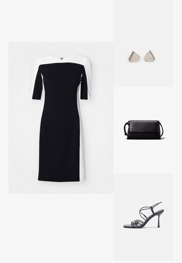 Kostim barvne blokade v črno-beli barvi, ki ima prilegajoč dizajn, širok izrez in kratke rokave, narejen iz gladkega, raztegljivega materiala.; Črne visoke sandale na peto imajo tanke naramnice z vozlom, gladek kvadratni toe in eleganten stiletto peto.; Črna usnjena torbica v obliki pravokotnika, gladke teksture, s ploskim pokrovom in majhnim ročajem na strani. Ima diskreten logotip.; Srebrne uhane z gladko, kapljično obliko in poliranim finishem. Nežna graviranja dodajajo detajle. Minimalističen dizajn.