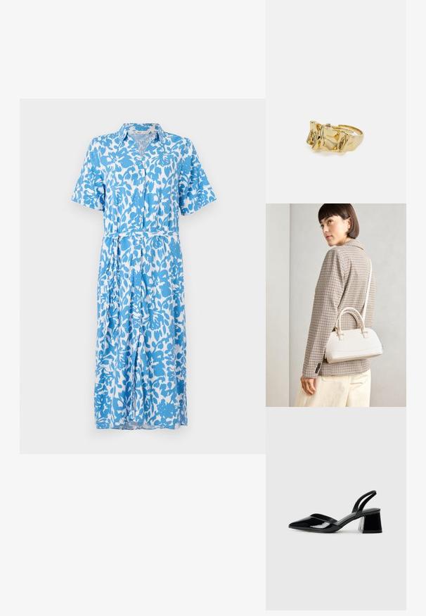 Sukienka koszulowa z krótkim rękawem w niebiesko-białym kwiatowym wzorze, z zapięciem na guziki, kołnierzykiem, paskiem w talii i długością do kolan. Miękka tekstura materiału.; Czarne lakierowane półbuty na obcasie z wydłużonym noskiem i geometrycznym słupkiem. Charakteryzują się eleganckim, minimalistycznym designem oraz gładką fakturą.; Biała torebka o strukturalnym kształcie z krótkimi uchwytami i paskiem na ramię, z złotymi akcentami i teksturowanym materiałem, prezentowana na szarym tle.; Złoty pierścionek o teksturowanym, falistym wzorze z trzema wyraźnymi szczytami. Gładka, błyszcząca powierzchnia z otwartą obrączką dla regulowanego dopasowania.