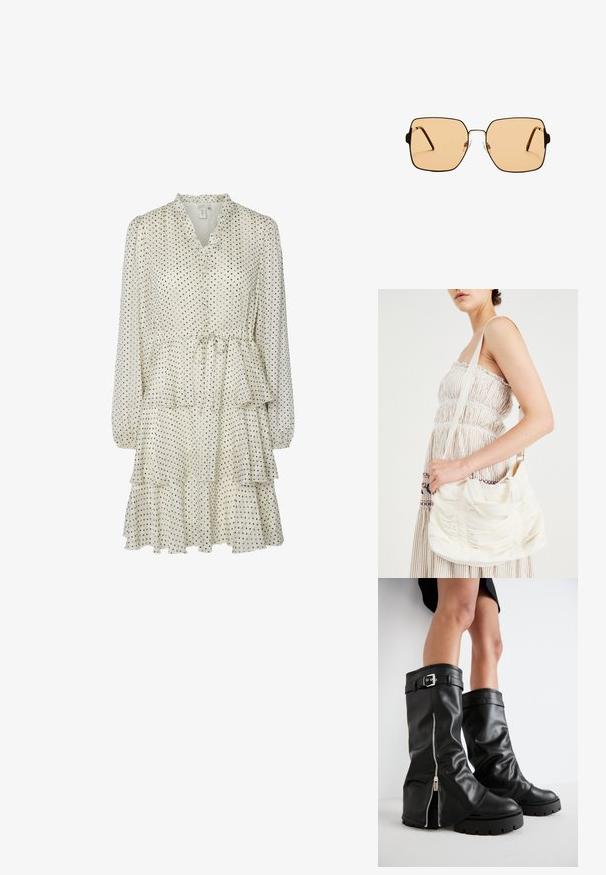Kremowa sukienka w czarne groszki, z falbaniastym kołnierzykiem, długimi rękawami i warstwową spódnicą. Posiada ściągacz w talii i miękką fakturę materiału.; Czarne skórzane kozaki do kolan o szerokiej cholewce, z bocznym zamkiem błyskawicznym i akcentem w postaci klamry, o teksturowanym wykończeniu i masywnej gumowej podeszwie.; Kwadratowe okulary przeciwsłoneczne z brązowymi soczewkami i cienką, czarną metalową oprawą. Posiadają skośne zauszniki i regulowane noski dla większego komfortu.; Biała torba na ramię z tkaniny o marszczonej fakturze, regulowanym pasku i srebrnymi elementami. Wyeksponowana obok kremowej sukienki.