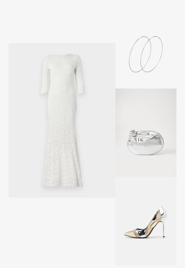 Balta nėriniuota suknelė su prigludusia liemene, ilgomis rankovėmis ir platėjančiu žemyn kraštu. Yra gėlėta rašto ir banguotais kraštais. Lygus tekstūros paviršius.; Aštrus pirštas aukštakulnis batelis su sidabro, aukso ir nuogų spalvų deriniu. Blizgus paviršius su išpjovos dizainu, su stiletto kulnu.; Sidabrinė metalinė maišelio forma su švelnia, apvalia forma ir mazgu užveriamu viršumi. Pagaminta iš lygios dirbtinės odos medžiagos.; Sidabrinės pusmėnulio auskarai minimalistiniu dizainu. Apskritimo forma, lygus paviršius ir plonas profilis. Lengvi su poliruotu apdailu.