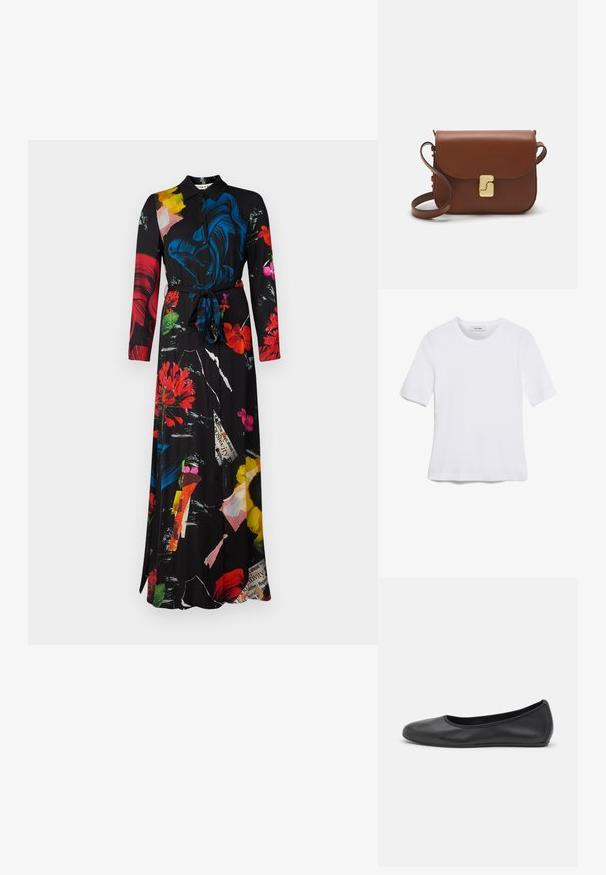Long-sleeve, black dress with a collar, featuring multicolored floral and abstract patterns. Includes a tie waist and button front.; White short-sleeve t-shirt made of ribbed fabric. Round neckline, regular fit, and subtle stitching details. No patterns or graphics.; Black leather ballet flat with a rounded toe, smooth texture, minimal stitching detail, and a flexible sole design.; Brown leather handbag with a flap closure, gold-tone hardware, a shoulder strap, and a smooth texture. Compact rectangular shape.