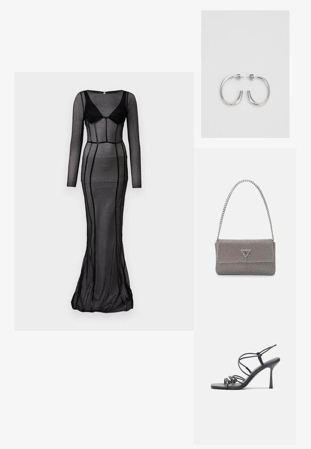 Μαύρο φόρεμα με μακριά μανίκια, φτιαγμένο από διάφανο διχτυωτό ύφασμα, με εφαρμοστό σιλούετ και καλοσχηματισμένο κορσέ, διακοσμημένο με κάθετες γραμμές και φούστα με ουρά.; Μαύρες ψηλοτάκουνες σανδάλες με λεπτές λωρίδες και σχέδιο με κόμπους, λείο τετράγωνο μπροστινό μέρος και κομψό τακούνι στιλέτο.; Ανοικτό γκρι μεταλλική τσάντα χειρός με αλυσίδα, διακοσμημένη με μικρούς κυκλικούς μεταλλικούς στύλους και ένα τριγωνικό λογότυπο της μάρκας.; Ασημένια σκουλαρίκια κρίκοι με λεία, λαμπερή φινίρισμα. Στρογγυλό σχήμα, ελαφρύ σχέδιο, με κλείσιμο τύπου πίσω.
