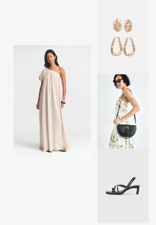 Heled pikk kleit heledas beežis, millel on üks puffvarrukas, kogutud kaelus ja voolav siluett. Sile kangas ja pahkluu pikkune disain.; Mustast rihmajalatsid ruudukujulise varba ja madala ploki kontsaga. Omab mitmeid õhukesi rihmasid ja reguleeritavat pahkluu rihma. Valmistatud siledast nahast.; Mustmust mustraha kõverate joontega, eemaldatava rihmaga ja kuldsete detailidega. Kotil on klapp, millel on pandladetail.; Kuldse värvi kõrvarõngad, mis on kaunistatud tekstuursete ja laineliste kujunditega. Komplektis on skulpturaalsed klamber kõrvarõngad ja avatud rõngasdisain, millel on lõhestatud viimistlus.