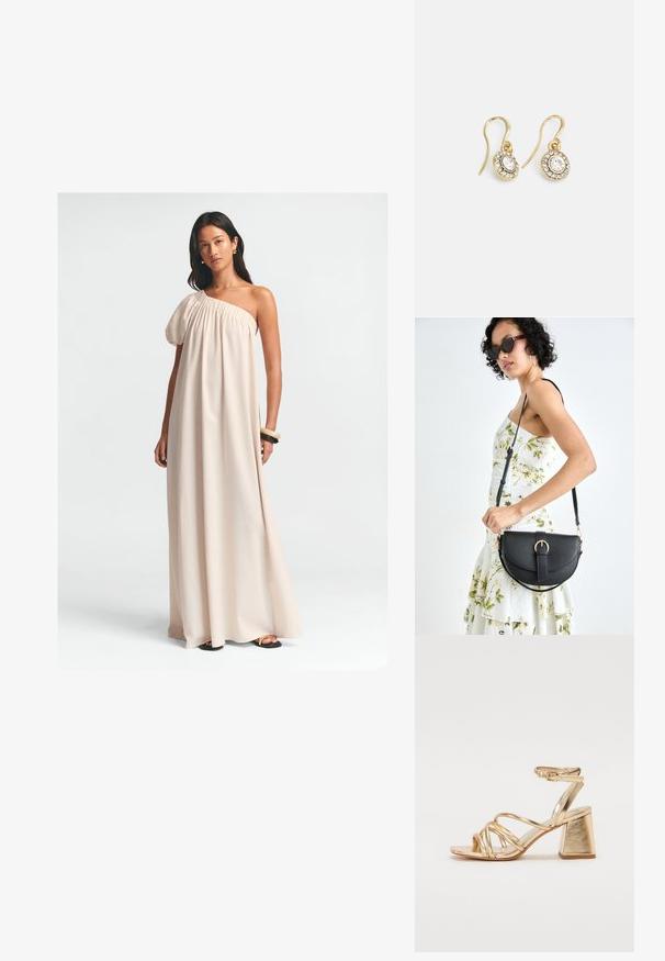 Heled pikk kleit heledas beežis, millel on üks puffvarrukas, kogutud kaelus ja voolav siluett. Sile kangas ja pahkluu pikkune disain.; Kuldne metallik kontsandaalid, millel on rihmadega disain, ruudukujuline plokkkonts ja reguleeritav pahkluu rihm klambriga. Sile tekstuur.; Mustmust mustraha kõverate joontega, eemaldatava rihmaga ja kuldsete detailidega. Kotil on klapp, millel on pandladetail.; Kuldtooni kõrvarõngad ovalikujuliste selgete kristallidega, mille ümber on väiksemad selged kivid, ja kaarvormiga disain, et tagada kindel kandmine.