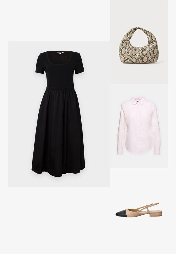 Vestido negro con un cuerpo entallado de manga corta, escote redondeado y una cinturilla elástica que da lugar a una falda fluida de longitud hasta el tobillo.; Camisa de manga larga de color rosa claro con cuello abotonado, que presenta un dobladillo recto y una textura suave, confeccionada con una tela de algodón ligera.; Zapato slingback bicolor beige y negro con punta afilada, tacón plano y detalle de correa entrecruzada. Textura de cuero suave.; Bolso de mano con estampado de serpiente y asa curvada. Hecho de materiales texturizados en tonos beige y marrón, con un patrónen diamante distintivo.