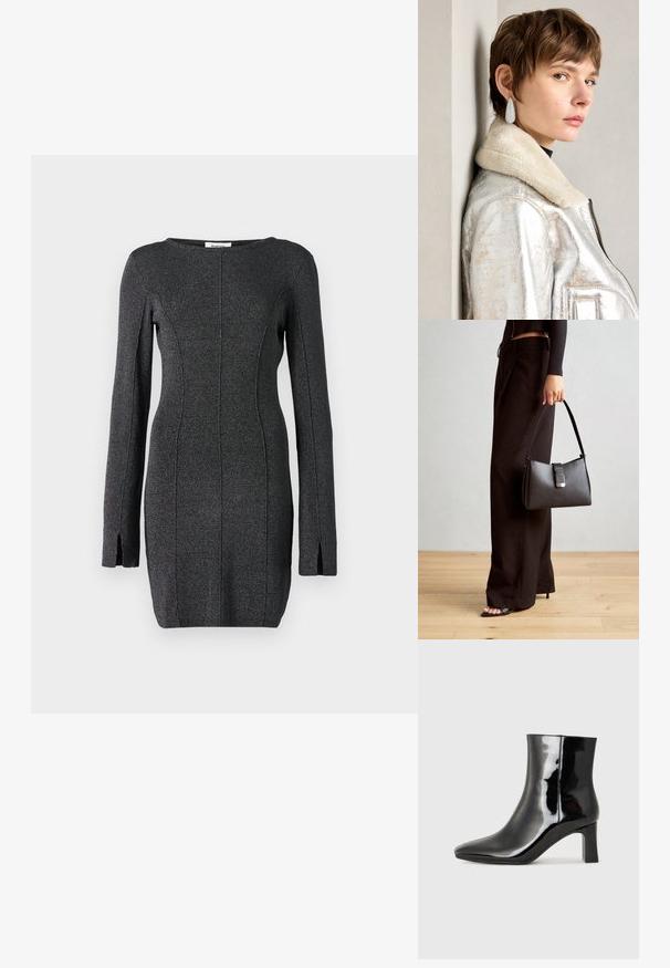 Svart strikket kjole med lange ermer, inneholder sidespalter, rund halslinning og sømdetaljer for en tettsittende silhuett.; Sorte patentlær ankle boot med spiss tå og en mellomhøy blokkhelt. Glatt tekstur og minimalistisk design.; Svart håndveske med strukturert form, jevn tekstur og metallisk lås. Kombinert med brede svarte bukser og sandaler med åpen tå på tregulv.; Sølvmetallisk lærjakke med lammeskinnskrage, med glidelås og strukturert overflate. Store dråpeformede øredobber med klare edelstener.
