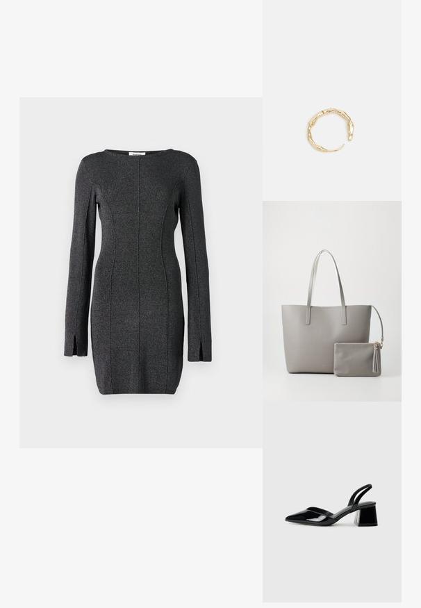 Črna pletena obleka z dolgimi rokavi, ki ima stranske razpoke, okroglo dekolte in šive za prileganje silhueti.; Črne lakirane slingback pete s koničastim nosom in geometrijsko blokasto peto. Imajo eleganten, minimalističen dizajn in gladko teksturo.; Siva sintetična torba za nošenje z dvema dolgima ročajema in ujemajočo majhno torbico z zadrgo, ki vsebuje resico. Gladka tekstura z nevsiljivim vzorcem.; Zlati prstan s organskim, zvitim dizajnom, gladko površino in taperiranimi konci, ki ustvarja modernega, skulpturalnega videza.