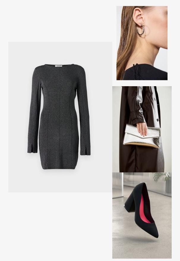 Svart strikket kjole med lange ermer, inneholder sidespalter, rund halslinning og sømdetaljer for en tettsittende silhuett.; Svart sko med høye hæler, spiss tå og strukturert overdel. Innvendig har den en lys rosa fôring. Kvadratisk hæl med metallisk aksent ved basen.; Sølv metallisk clutch med et vinklet konvoluttdesign, glatt tekstur og kontrastfarge på innsiden, holdt i en hånd iført en svart kåpe.; Sølv ringøredob med en polert finish, med små gull detaljer og en rund form, båret på øreflippen.