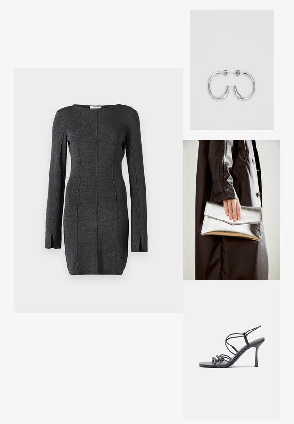 Rochie tricotată neagră cu mâneci lungi, prevăzută cu crăpături laterale, decolteu rotund și detalii cusute pentru o siluetă ajustată.; Sandale negre cu toc înalt au curele subțiri cu un design legat, un vârf pătrat neted și un toc stiletto elegant.; Plică metalică argintie cu un design unghiular de tip plic, textură netedă și culoare contrastantă la interior, ținută într-o mână care poartă o haină neagră.; Cercei rotunzi din argint cu un finisaj neted și strălucitor. Design ușor, având o formă rotundă și închidere cu tijă.