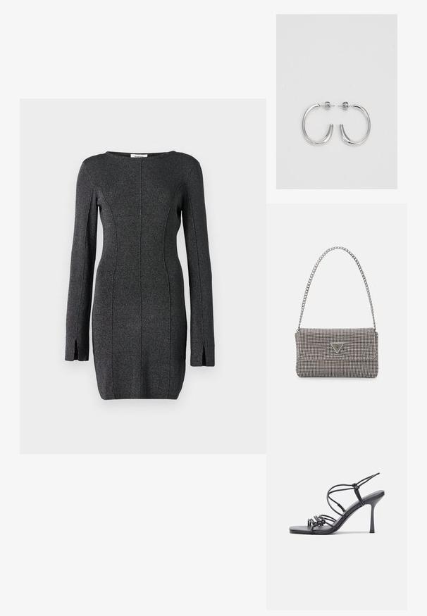 Melnas adītas kleitas ar garām piedurknēm, ar sānu šķēlumiem, apaļu izgriezumu un šuvju detaļām, kas veido apsēsto siluetu.; Melnas augstpapēžu sandales ar plāniem siksniņām un mezgla dizainu, gluda kvadrātveida purngalu un elegantu stiletto papēdi.; Gaiši pelēka metāla rokassoma ar ķēdes siksnu, rotāta ar mazām apaļām metāla kniedēm un trīsstūra zīmola logo.; Sudraba riņķveida auskari ar gludu, spīdīgu apdari. Apaļas formas, viegla dizaina, ar aizdari uz stieples.