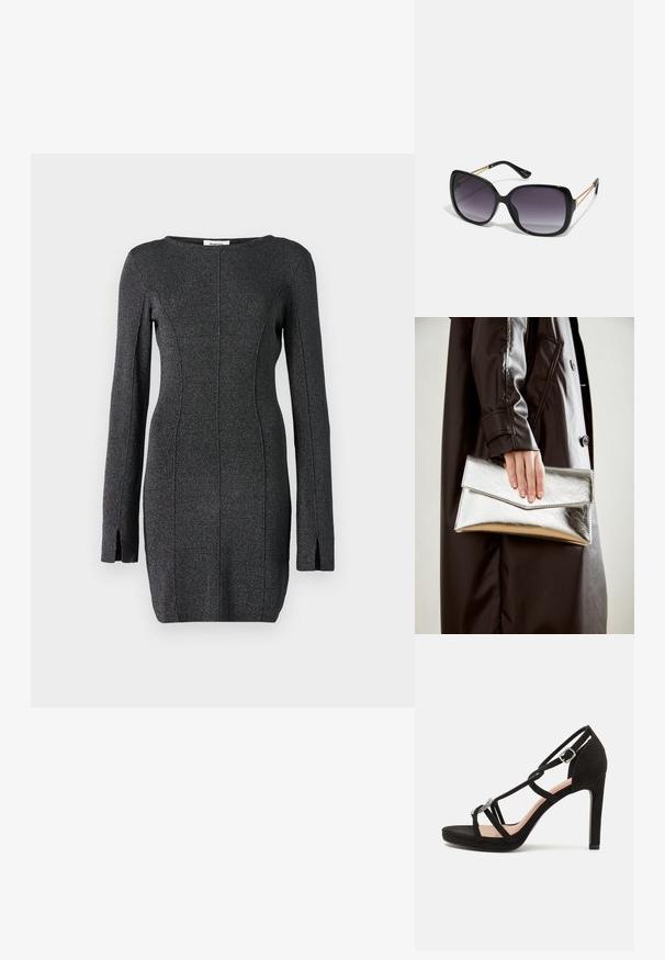 Robe tricotée noire à manches longues, avec des fentes latérales, un col rond et des coutures pour un silhouette cintrée.; Sandale à talons hauts en suede noir avec des brides croisées, un accent décoratif en métal argenté et une semelle à plateforme pour plus de hauteur.; Lunettes de soleil noires surdimensionnées avec des verres dégradés, monture épaisse et détails en chaîne dorée sur les branches.; Pochette métallique argentée avec un design d'enveloppe angulaire, texture lisse et couleur intérieure contrastante, tenue dans une main portant un manteau noir.