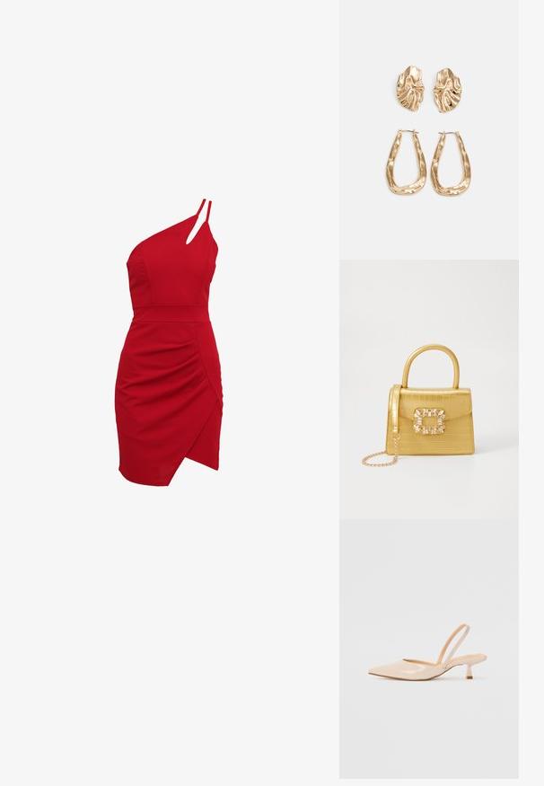 Vestido vermelho de um ombro feito de tecido elástico, apresentando um corpete justo, detalhes franzidos e uma bainha assimétrica.; Saltos slingback em couro sintético bege com bico apontado e um salto quadrado fino. Textura suave e design minimalista sem embellishments.; Bolsa amarela em pele de crocodilo falsa, com um design estruturado, pega no topo, alça de corrente removível e decoração de cristal no fecho.; Brincos em tom de ouro com formas onduladas e texturizadas. Inclui studs escultóricos com presilha e um design de argola aberta com um acabamento martelado.