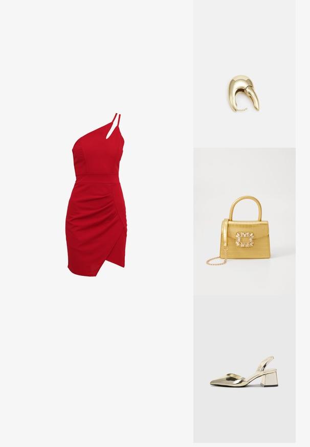 Crvena haljina na jedno rame izrađena od rastezljivog materijala, s uskim korzetom, nabranym detaljima i asimetričnim rubom.; Zlatni metalik slingback sandali s šiljatim vrhom i debelim potpeticama. Glatka tekstura, minimalistički dizajn i uski remen.; Žuta torbica od umjetnog krokodila sa strukturiranim dizajnom, gornjom ručkom, odvojivim lančićem i dekorativnim kristalnim ukrasom na kopči.; Zlatne metalne naušnice s elegantnim, zakrivljenim dizajnom. Imaju karakterističan šiljast oblik, poliranu površinu i zatvaranje na šarku.