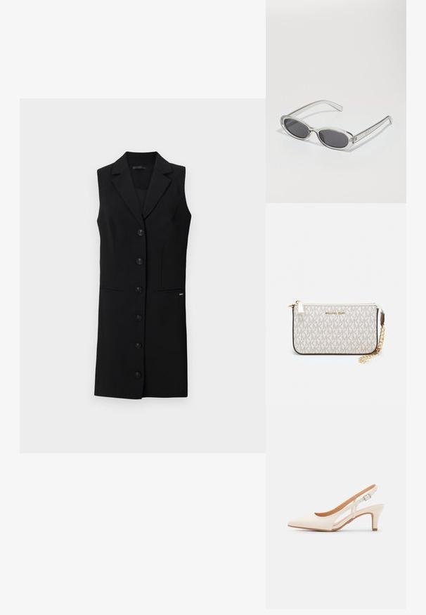 Rochie tip blazer fără mâneci, de culoare neagră, cu un design croit, rever tăiat, șase nasturi frontali și buzunare laterale. Material neted cu accente minime.; Sandaie cu toc alb, cu vârful ascuțit, material superior neted, toc mic tip bloc și design cu decupaj lateral, cu curea ajustabilă.; Ochelari de soare cu formă ovală, ramă din plastic transparent, lentile gri închis și brațe subțiri transparente cu accente de logo și detalii minime.; Clutch Michael Kors din canva acoperit bej, cu un model repetitiv al logo-ului MK, accesorii din aur și o curea cu lanț detașabil.