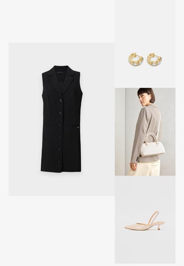 Crni halter sako haljina s krojem, urezanim reverima, šest dugmadi sprijeda i bočnim džepovima. Glatka tkanina s minimalnim naglascima.; Bež sandale od lakirane kože s uskim vrhom i tankim, kvadratnim potpeticom. Glatka tekstura i minimalistički dizajn bez ukrasnih detalja.; Bijela strukturna torba s kratkim ručkama i remenom za rame, s zlatnim metalnim detaljima i teksturiranim materijalom, prikazana na sivoj pozadini.; Zlatne okrugle naušnice s teksturiranim dizajnom i tri prozirne kristalne akcenta s jedne strane, nudeći modernu geometrijsku estetiku.