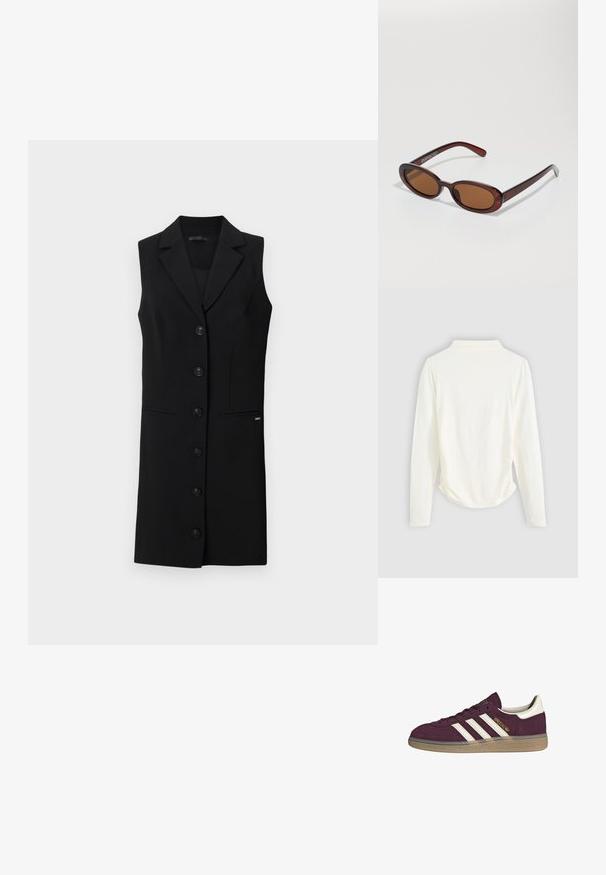 Črna brezrokavna obleka s suknjičem, s prilagojenim dizajnom, z ovalnimi reverji, šestimi sprednjimi gumbi in stranskimi žepi. Gladka tkanina z minimalnimi detajli.; Dolgimi rokavi v kremni barvi, z rahlim nabiranjem ob straneh in klasičnim ovratnikom. Gladka tekstura, preprost dizajn.; Bordo nubuk teniske z belimi tremi črtami in bež poudarki. Ima teksturiran gumijast podplat in zlato oznako na strani.; Okrogle, rjavo obarvane sončne naočare z sijočim burgundskim okvirjem. Tanek nosilec s subtilnim logotipom. Oblika leč je ravna.; Rjava tkana usnjena torbica s sproščenim, trikotnim oblikovanjem. Ima pleten ročaj in zadrgo na vrhu.