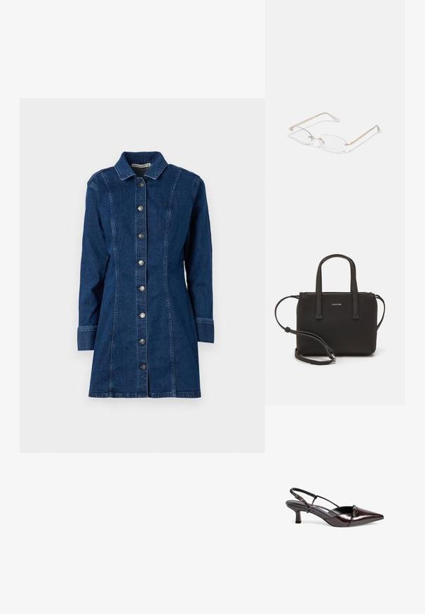 Temno modra srajčna obleka z dolgimi rokavi, koničastim ovratnikom, sprednjim zapenjanjem na gumb in vertikalnimi šivi. Gladka tekstura in strukturirana prileganje.; Rjavi patent usnjeni slingback čevelj s koničastim nosom, majhnim blokom peto, obliko čezščevljenka in okrasno pentljo na sprednjem delu.; Zlate kovinske očala z ovalnimi lečami, tankimi ročaji in prozornimi nosnimi blazinicami. Imajo diskretne poudarke na tečajih in prozorne leče.; Črna torbica z dvema kratkima ročajema in odstranljivim naramnim trakom. Gladek usnju podoben material z zadrgo in podrobnostmi z logotipom.