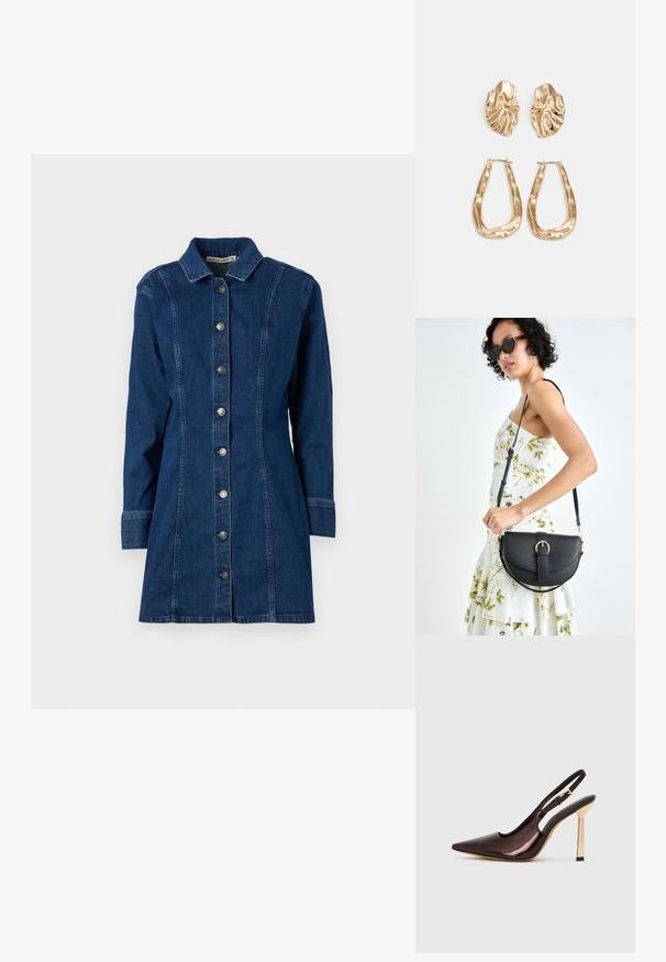 Tumši denima krekli kleita ar garām piedurknēm, norādītu apkakli, priekšējo pogu aizdari un vertikālām šuvēm. Gluda tekstūra un strukturēta piegriezuma.; Kastanis laku ādas neuzgriezņu augstpapēžu kurpe ar smailu purngalu un spīdīgu zelta metāla papēdi uz baltas fona.; Melnas ādas rokassoma ar izliekta formu, noņemamu siksnu un zelta aksesuāriem. Somai ir vāciņš ar sprādzes detaļu.; Zelta krāsas auskari ar teksturētām, viļņotām formām. Iekļauts skulpturāls piespraužams modelis un atvērta gredzenveida konstrukcija ar izsistām virsmām.