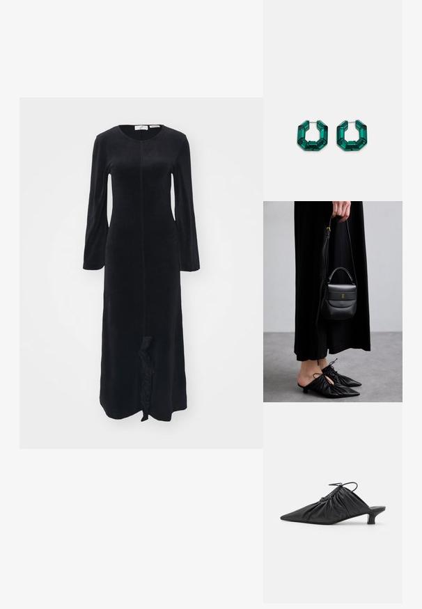 Abito lungo nero a maniche lunghe, realizzato in tessuto morbido, con scollatura rotonda, vestibilità slim e dettaglio a volant sull'orlo. Texture liscia su tutta la superficie.; Mule in pelle nera senza chiusura con punta appuntita, texture raccolta e un piccolo tacco gattino. Presenta un dettaglio con cordoncino all'apertura.; Piccolo borsetta in pelle nera di forma rotonda, con maniglia superiore e tracolla removibile. Abbinata a un vestito in tessuto nero e scarpe a pieghe nere.; Orecchini ad anello in acrilico verde a forma ottagonale con bordi sfaccettati, dotati di una chiusura metallica per la sicurezza.