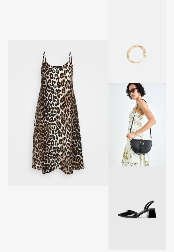 Haljina s uzorkom leoparda s tankim naramenicama, A-linije, u kombinaciji bež, smeđih i crnih boja. Mekana tkanina s glatkom teksturom.; Crne lakirane kožne sandale s otvorenom petom i špicastim vrhom, s geometrijskom blok petom. Imaju elegantan, minimalistički dizajn i glatku teksturu.; Crna kožna torba s lukovitim oblikom, odvojivim remenom i zlatnim detaljima. Torba ima preklop s kopčom.; Prsten u zlatnoj nijansi s organskim, uvijenim dizajnom, glatkom teksturom i suženim krajevima, koji stvara moderan, skulpturalni izgled.