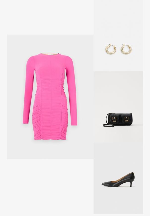 Obepnuté šaty s dlouhým rukávem v živé růžové barvě. Mají řasenou texturu, kulatý výstřih a boční detaily s malým kovovým akcentem.; Černé kožené lodičky s špičatou špičkou, nízkým podpatkem a hladkým povrchem. Mají mírné otevření vpředu a minimální kovové prvky na zadní straně.; Černá kožená crossbody taška se dvěma předními kapsami, zlatými přezkami, zipovým uzávěrem a štíhlým popruhem. Texturovaný povrch a kompaktní obdélníkový tvar.; Lauren Ralph Lauren BASIC SMALL HOOP - Náušnice - gold-coloured