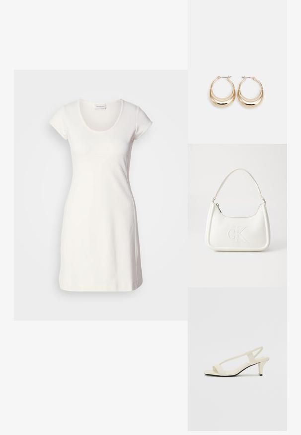 Hvit kortermet kjole i et glatt, elastisk stoff med rund halslinning og en tettsittende silhuett, med minimale sømdetaljer.; Beige blokk-høydesandaler med tynne stropper og firkantet tå. Glatt materiale med minimale detaljer, designet for enkel bruk.; Hvit lærveske med en buet fasong, med et preget "CK"-logo på forsiden og en enkel skulderstropp. Glidelåslukking på toppen.; Gulltonede hoop-øreringen med en halvmåneform, polert overflate og hengsel-lukking. Glatt tekstur og reflekterende finish øker synligheten.