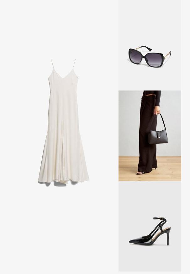 Robe midi blanche à bretelles fines et réglables, avec un décolleté en V et une silhouette fluide, dotée d'une fente avant et d'une texture lisse.; Escarpin en cuir verni noir à talon haut, avec un bout pointu, une bride réglable à la cheville et des côtés ouverts. Texture lisse.; Lunettes de soleil noires surdimensionnées avec des verres dégradés, monture épaisse et détails en chaîne dorée sur les branches.; Sac à main noir à la forme structurée, texture lisse et fermoir métallique. Associé à un pantalon noir ample et des sandales ouvertes sur un sol en bois.