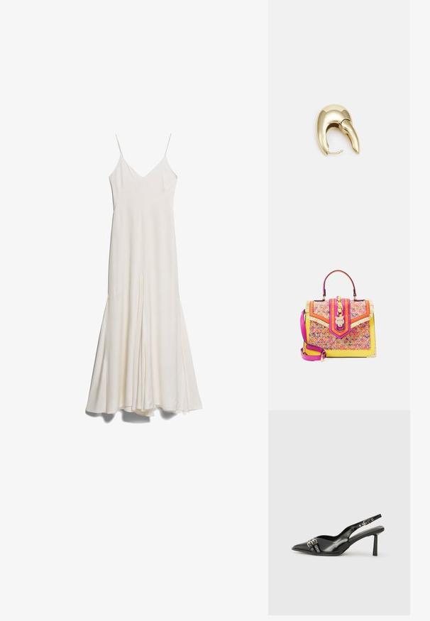 Bijela midi haljina bez rukava s tankim podesivim naramenicama, V-izrezom i lepršavim siluetom, koja ima utor sprijeda i glatku teksturu.; Crna lakirana slingback cipela s izduženim vrhom, remenčićima oko gležnja s srebrnim kopčama i dijelovima, te vitkim potplatom.; ALDO Ručna torba - pink/multi-coloured; Zlatne metalne naušnice s elegantnim, zakrivljenim dizajnom. Imaju karakterističan šiljast oblik, poliranu površinu i zatvaranje na šarku.