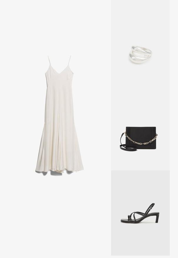 Bijela midi haljina bez rukava s tankim podesivim naramenicama, V-izrezom i lepršavim siluetom, koja ima utor sprijeda i glatku teksturu.; Crne sandale s trakama, kvadratnim prstom i niskom blok petom. Ima više tankih trakica i podesivu trakicu oko gležnja. Izrađene su od glatke kože.; Crna kožna torba preko tijela s glatkom teksturom, pravokutnim oblikom i metalnim lancem na prednjoj strani. Uključena je podesiva naramenica.; Srebrna dvostruka prsten s glatkom, poliranom površinom. Karakterizira ga fluidan, zakrivljen dizajn s preklapajućim sekcijama za moderan izgled.