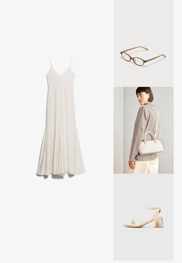 Rochie midi albă, cu bretele subțiri ajustabile, decolteu în V și o siluetă fluidă, având o fante pe față și o textură netedă.; Sandal cu toc metalizat auriu, cu un toc bloc unghiular, două curele deasupra piciorului și o curea ajustabilă la gleznă. Textură netedă.; Ochelari în nuanță de țestoasă maro, cu lentile ovale, brațe subțiri și accente transparente. Prezintă un logo subtil pe tâmplă. Design elegant și ușor.; Geantă structurată albă, cu mânere scurte și curea de umăr, având accente din metal aurit și material texturat, expusă pe un fundal gri.