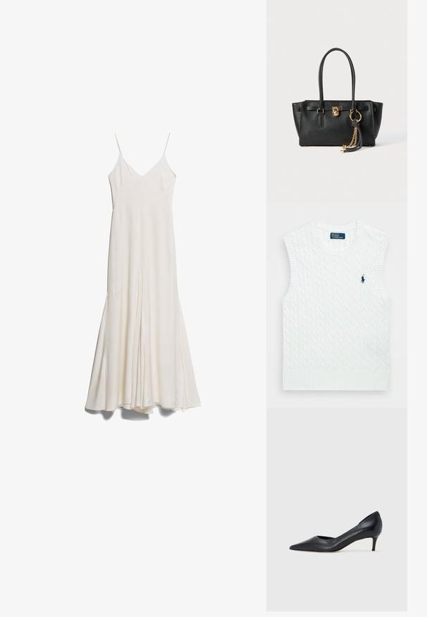 White midi slip dress with thin adjustable straps, a V-neckline, and a flowy silhouette, featuring a front slit and smooth texture.; Polo Ralph Lauren CABLE KNIT COTTON SWEATER VEST - Top - white; Black leather pump with a pointed toe and low heel. Features a smooth texture and subtle sheen. Open cut at the front for added detail.; Black leather handbag with double handles, gold lock and chain detail, and black-and-white tassel accessory against white background.