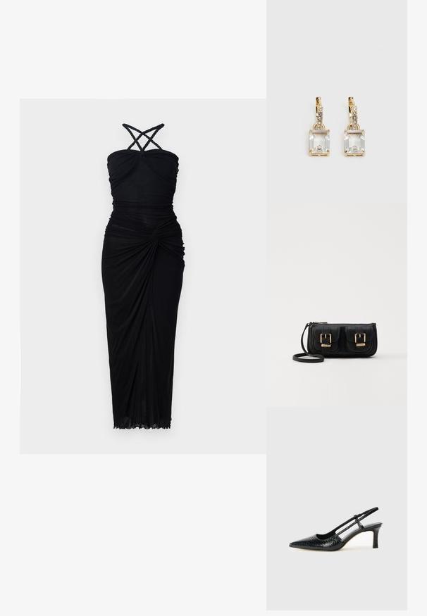Čierne šaty s priliehavým korzetom, prekríženými ramienkami a naberanou látkou, ktorá splýva do mierne rozšíreného spodného lemu s jemnou textúrou.; Čierne patentové slingback topánky na ihlovom podpätku s špicatou špičkou, s textúrovaným hadím vzorom, nastaviteľným popruhom a krátkym, textúrovaným blokovým podpätkom.; Čierna kožená crossbody taška s dvoma prednými vreckami, zlatými sponami, zipsovým uzatváraním a úzkym popruhom. Štruktúrovaný povrch a kompaktný obdĺžnikový tvar.; Náušnice v zlatej farbe, ktoré majú obdĺžnikový, transparentný kryštál visiaci pod radom malých, guľatých, čírych akcentov. Elegantný, moderný dizajn.