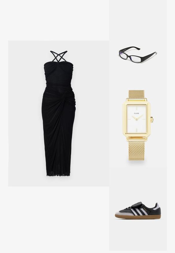 Czarna sukienka z dopasowaną górą, skrzyżowanymi ramiączkami i marszczonym materiałem, który układa się w lekko rozkloszowany dół z delikatną fakturą.; Czarne skórzane i szare zamszowe sneakersy z białymi paskami, gumową podeszwą, sznurowanym przodem oraz rzepem. Charakteryzują się złotym logo "Samba".; Czarne prostokątne okulary z przezroczystymi soczewkami. Błyszczące wykończenie, wąskie ramiona i fioletowy odcień widoczny na krawędziach soczewek.; Złoty prostokątny zegarek z białą tarczą, minimalistycznymi znacznikami godzin i metalową siateczkową bransoletą. Posiada boczną koronę do nastawiania czasu.