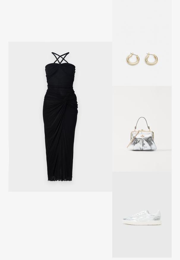 Vestido negro con un corsé ajustado, tirantes entrecruzados y tela recogida que cae hacia un dobladillo ligeramente acampanado con una textura sutil.; Zapatillas blancas con acentos metálicos plateados, textura suave, puntera redonda, suela plana y diseño tradicional de cordones.; Vivienne Westwood GRANNY FRAME PURSE - Bolso de mano - silver; Lauren Ralph Lauren BASIC SMALL HOOP - Pendientes - gold-coloured