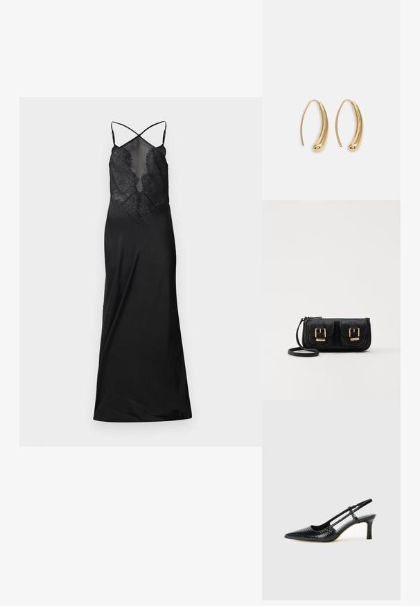 Juoda suknelė su prigludusia nėriniuota liemene, reguliuojamomis kryžminėmis petnešomis ir švelniu satino sijonu. Savybės: lygus paviršius ir elegantiškas dizainas.; Juodai lakuoti slingback aukštakulniai su smailiu nosiu, su tekstūruotu gyvatės raštu, reguliuojama juosta ir trumpu, tekstūruotu blokiniu kulnu.; Juodas odinis per petį nešiojamas krepšys su dviem priekiniais kišenėmis, auksiniais sagtimis, užtrauktuko uždarymu ir siauromis petnešomis. Textūruota paviršius ir kompaktiškas stačiakampis formatas.; Auksinės metalinės auskarų kabės su lenktą, pailgą forma. Turi lygų, blizgantį paviršių ir užapvalintą galiuką papildomam akcentui.