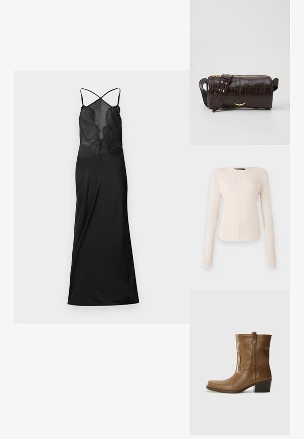 Črna obleka z oprijetim čipkastim korzetom, nastavljivimi križno prepletenimi naramnicami in padajočo satensko krilo. Ima gladko teksturo in eleganten dizajn.; Dolga majica v svetlo bež barvi s okroglim izrezom. Narejena iz mehkega materiala, ima osrednji šiv in rahlo ukrivljen rob. Ni vidnih elementov.; Rjave usnjene gležnjarje s kvadratnim nosom, teksturirano površino in nizko kvadratno peto. Imajo zadnji trak za enostavno obuvanje in subtilne šivane detajle.; Brah blaženka iz rjavega usnja z embosiranim krokodilom, cilindrične oblike, zlatih kovinskih elementov in odstranljivim pasom, ki vsebuje žebljičke.